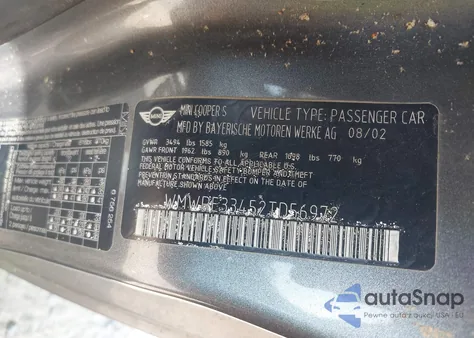 2002 Mini Cooper S из США, поврежденный, VIN WMWRE33452TD56972